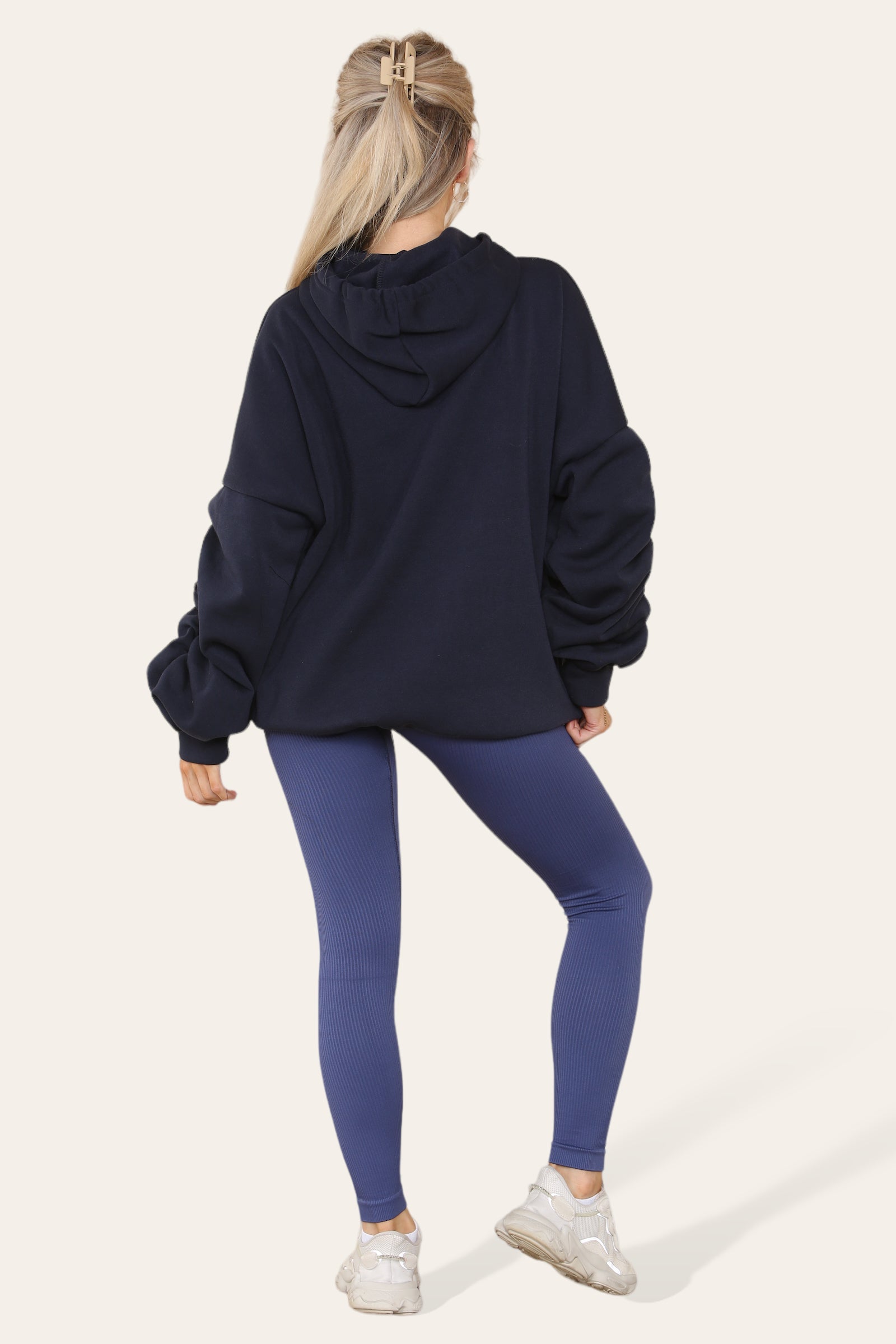 Oversized Ruched Sleeves Hoodie With Satin Ribbon with High Waist High Rise Seamless RibbedÂ LeggingÂ Set For Women  - Dropwear
