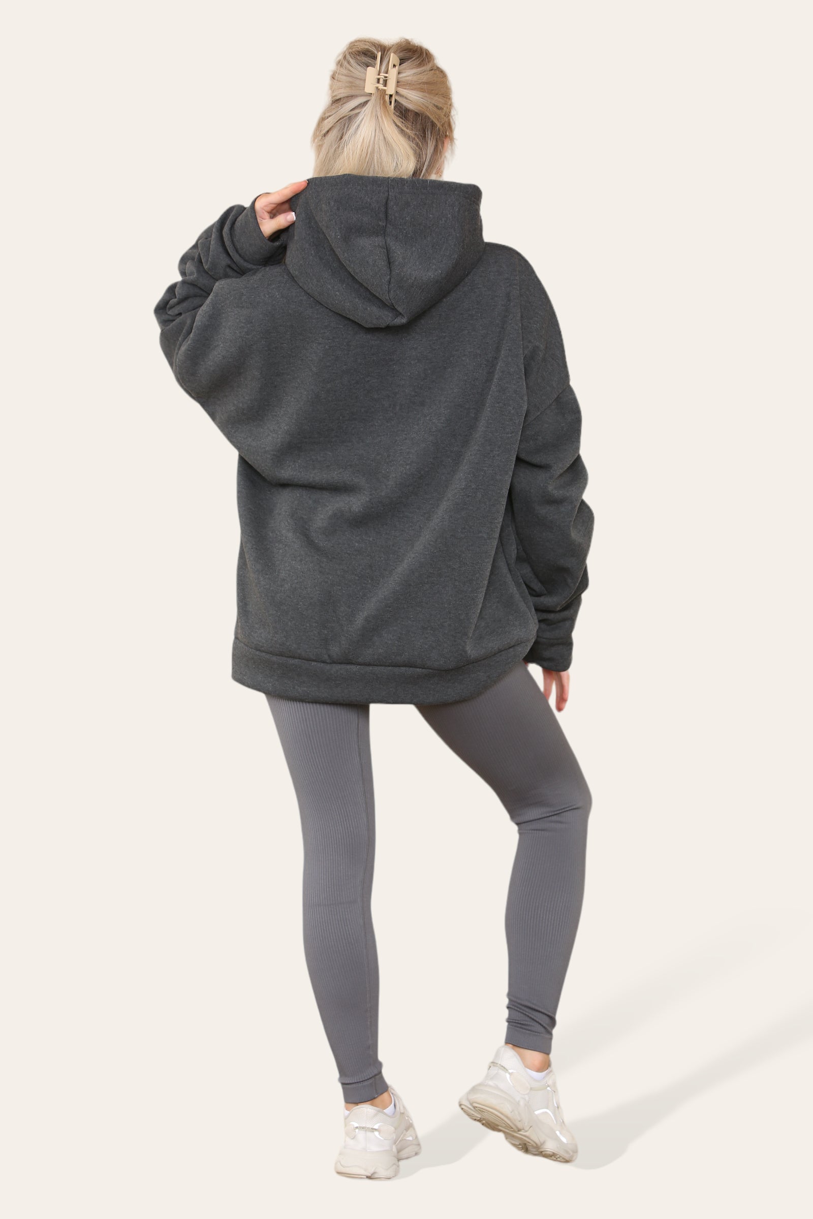 Oversized Ruched Sleeves Hoodie With Satin Ribbon with High Waist High Rise Seamless RibbedÂ LeggingÂ Set For Women  - Dropwear