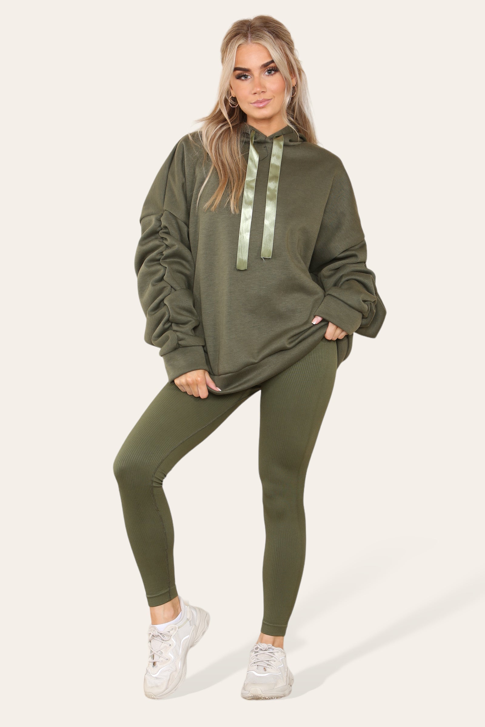 Oversized Ruched Sleeves Hoodie With Satin Ribbon with High Waist High Rise Seamless RibbedÂ LeggingÂ Set For Women  - Dropwear