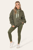 Oversized Ruched Sleeves Hoodie With Satin Ribbon with High Waist High Rise Seamless RibbedÂ LeggingÂ Set For Women  - Dropwear