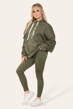Oversized Ruched Sleeves Hoodie With Satin Ribbon with High Waist High Rise Seamless RibbedÂ LeggingÂ Set For Women  - Dropwear
