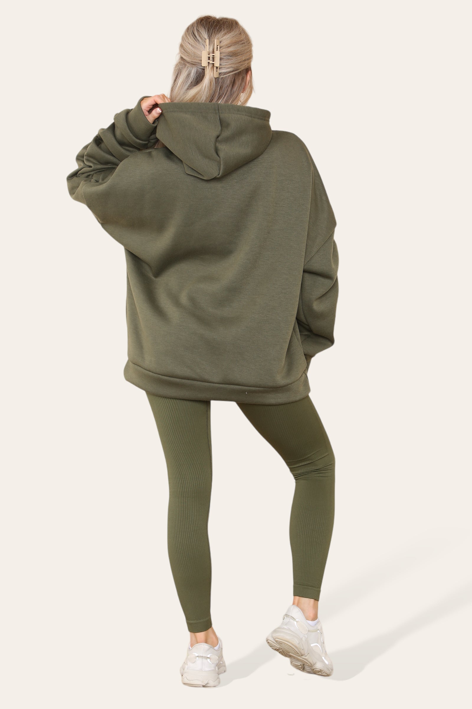 Oversized Ruched Sleeves Hoodie With Satin Ribbon with High Waist High Rise Seamless RibbedÂ LeggingÂ Set For Women  - Dropwear