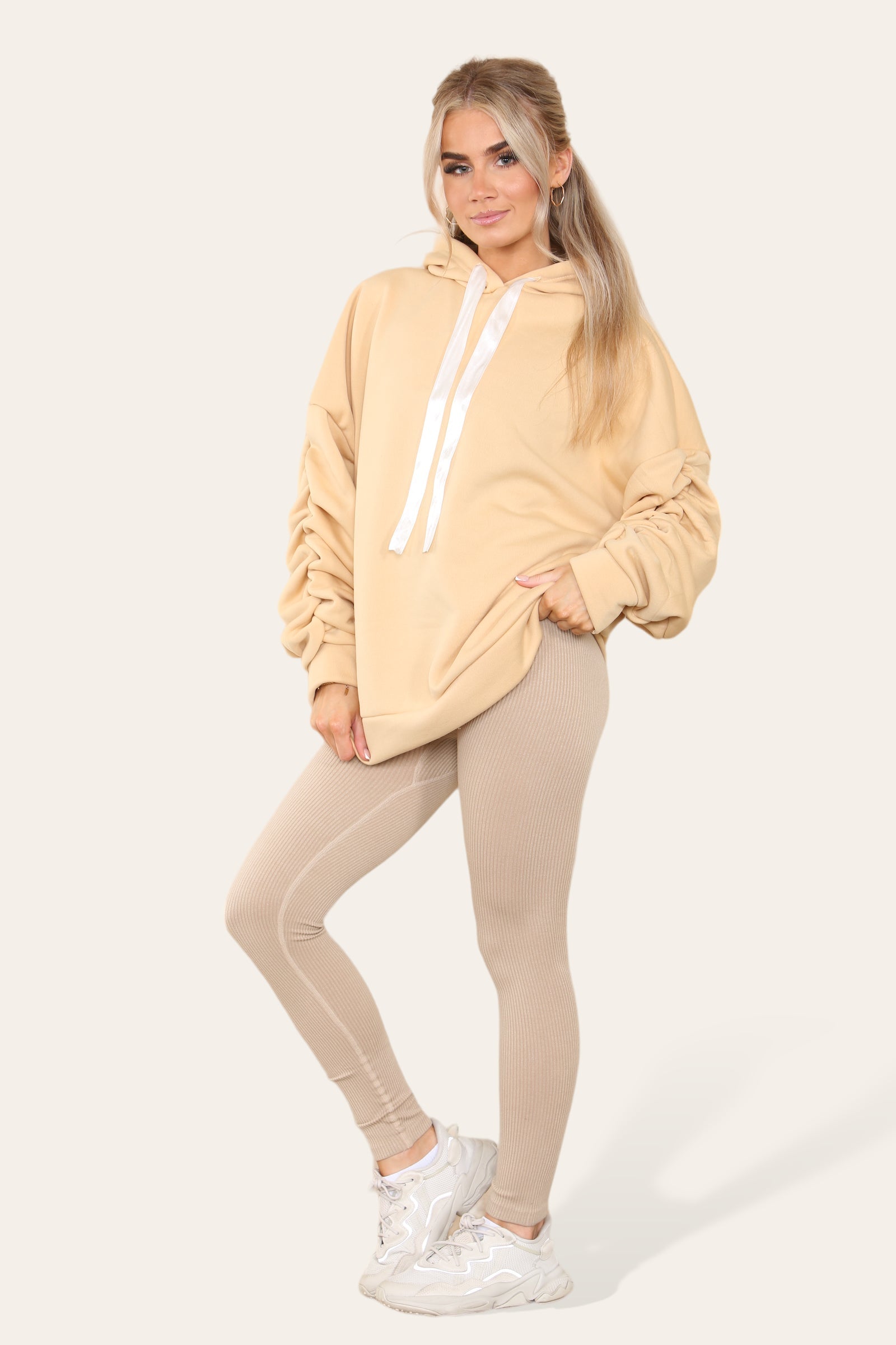 Khaki Oversized Ruched Sleeves Hoodie With Satin Ribbon with High Waist High Rise Seamless RibbedÂ LeggingÂ Set For Women S/M - Dropwear