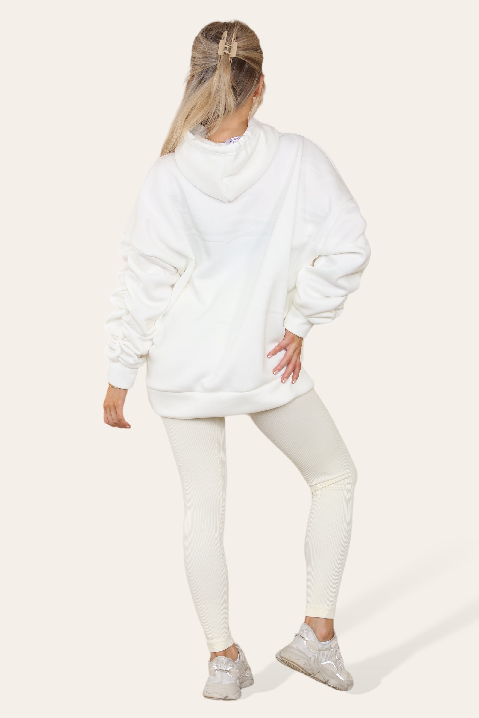 Navy Oversized Ruched Sleeves Hoodie With Satin Ribbon with High Waist High Rise Seamless RibbedÂ LeggingÂ Set For Women S/M - Dropwear