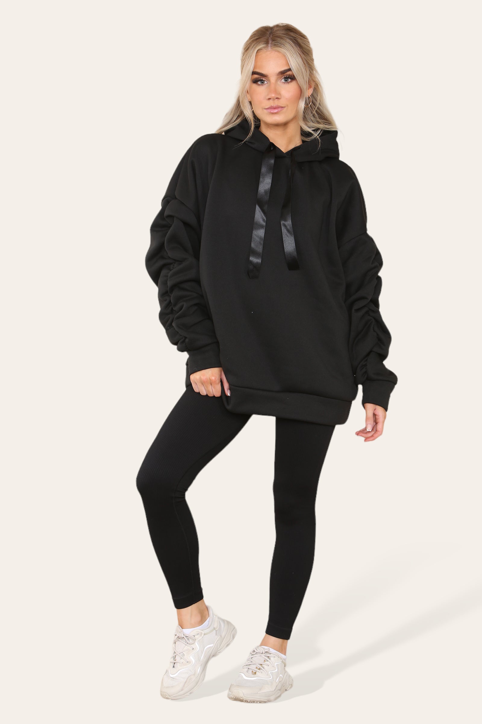 Navy Oversized Ruched Sleeves Hoodie With Satin Ribbon with High Waist High Rise Seamless RibbedÂ LeggingÂ Set For Women M/L - Dropwear
