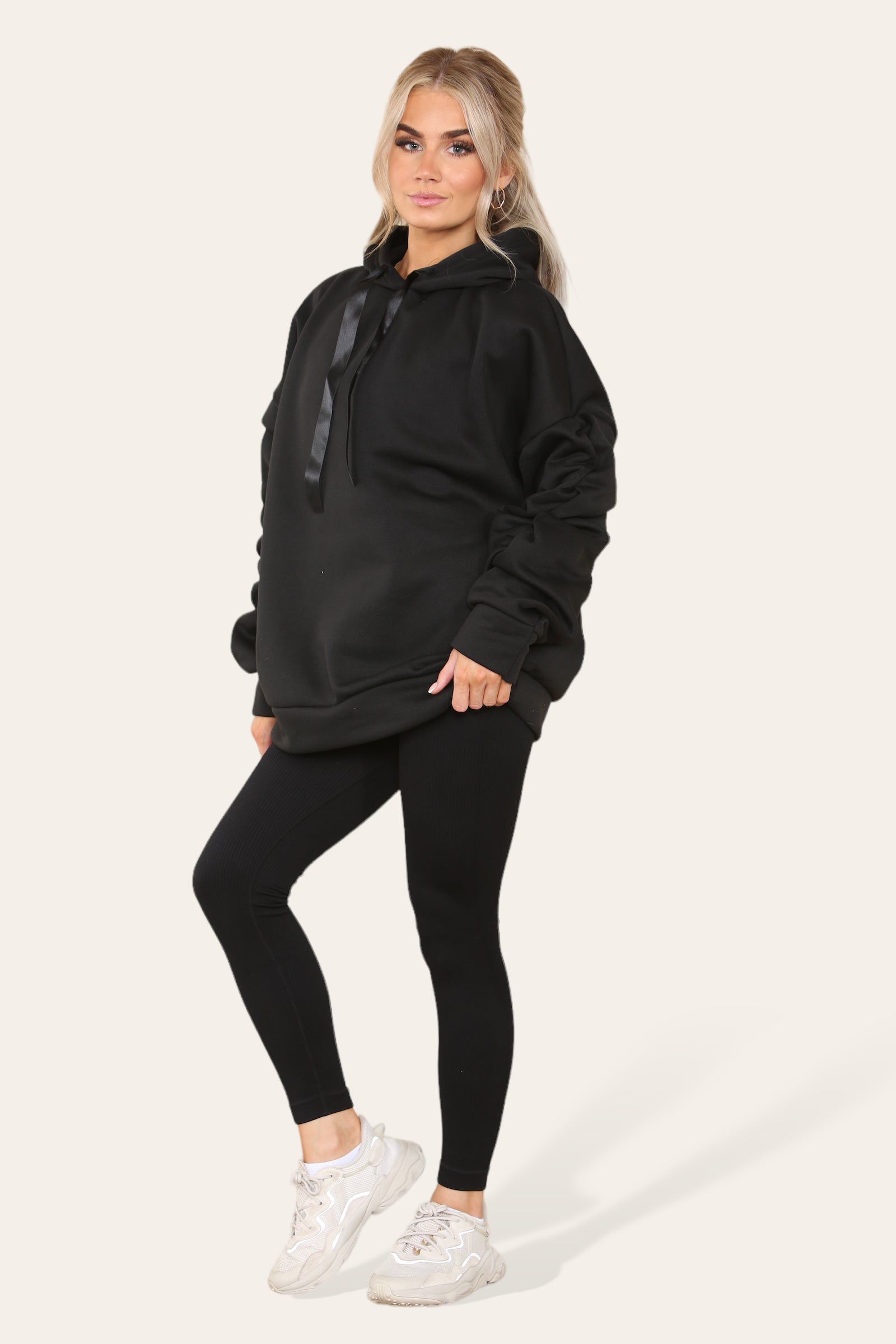Oversized Ruched Sleeves Hoodie With Satin Ribbon with High Waist High Rise Seamless RibbedÂ LeggingÂ Set For Women  - Dropwear