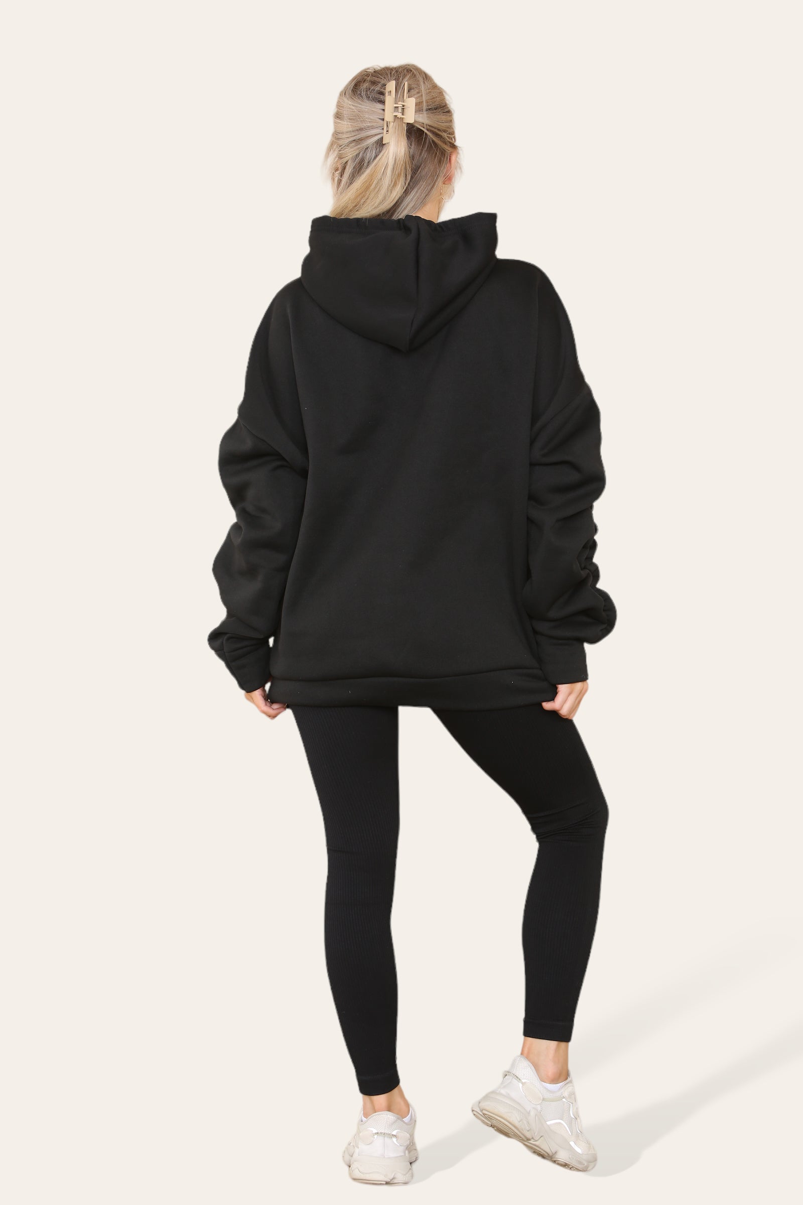 Oversized Ruched Sleeves Hoodie With Satin Ribbon with High Waist High Rise Seamless RibbedÂ LeggingÂ Set For Women  - Dropwear