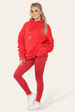 Beige Oversized Ruched Sleeves Hoodie With Satin Ribbon with High Waist High Rise Seamless RibbedÂ LeggingÂ Set For Women M/L - Dropwear