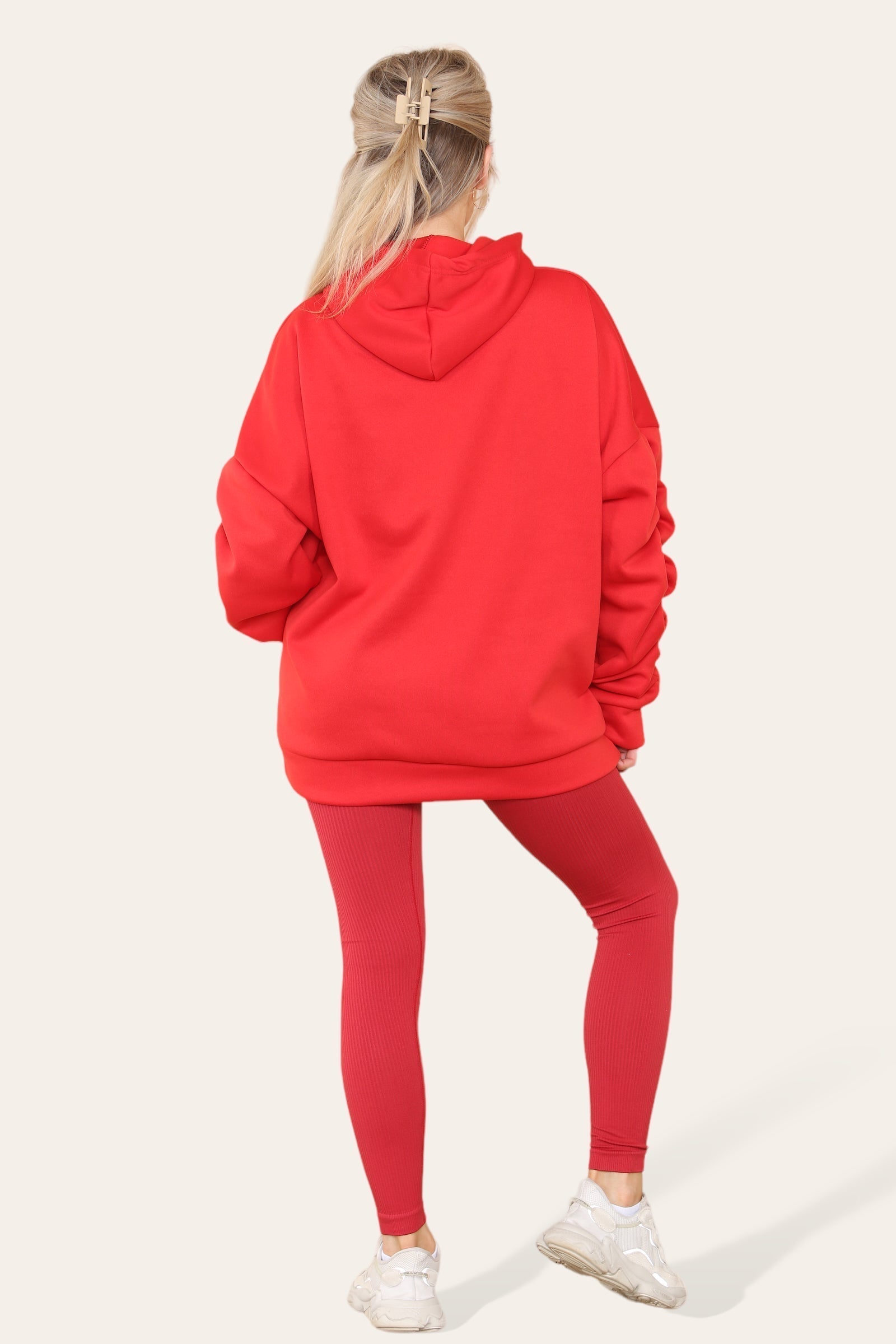 Pink Oversized Ruched Sleeves Hoodie With Satin Ribbon with High Waist High Rise Seamless RibbedÂ LeggingÂ Set For Women S/M - Dropwear