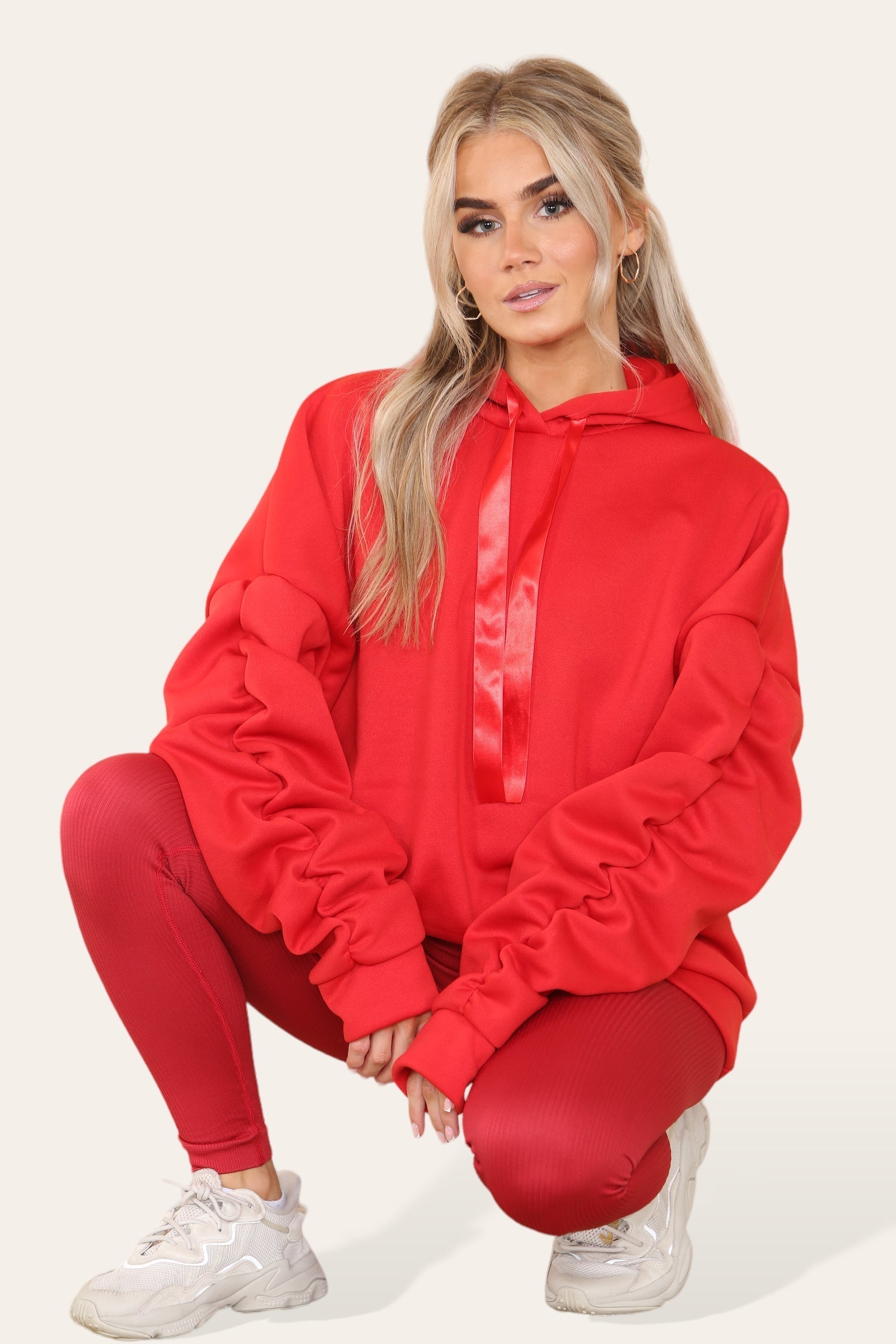 Beige Oversized Ruched Sleeves Hoodie With Satin Ribbon with High Waist High Rise Seamless RibbedÂ LeggingÂ Set For Women S/M - Dropwear