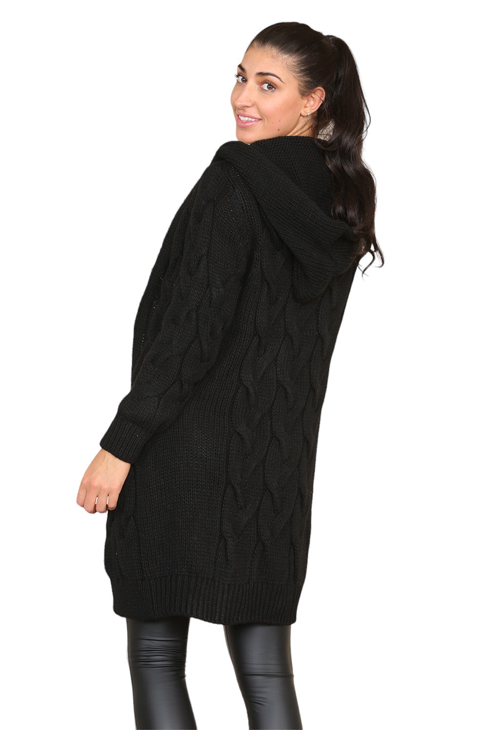 Knitted Cables Hooded Long Over Sized Cardigan For Women  - Dropwear