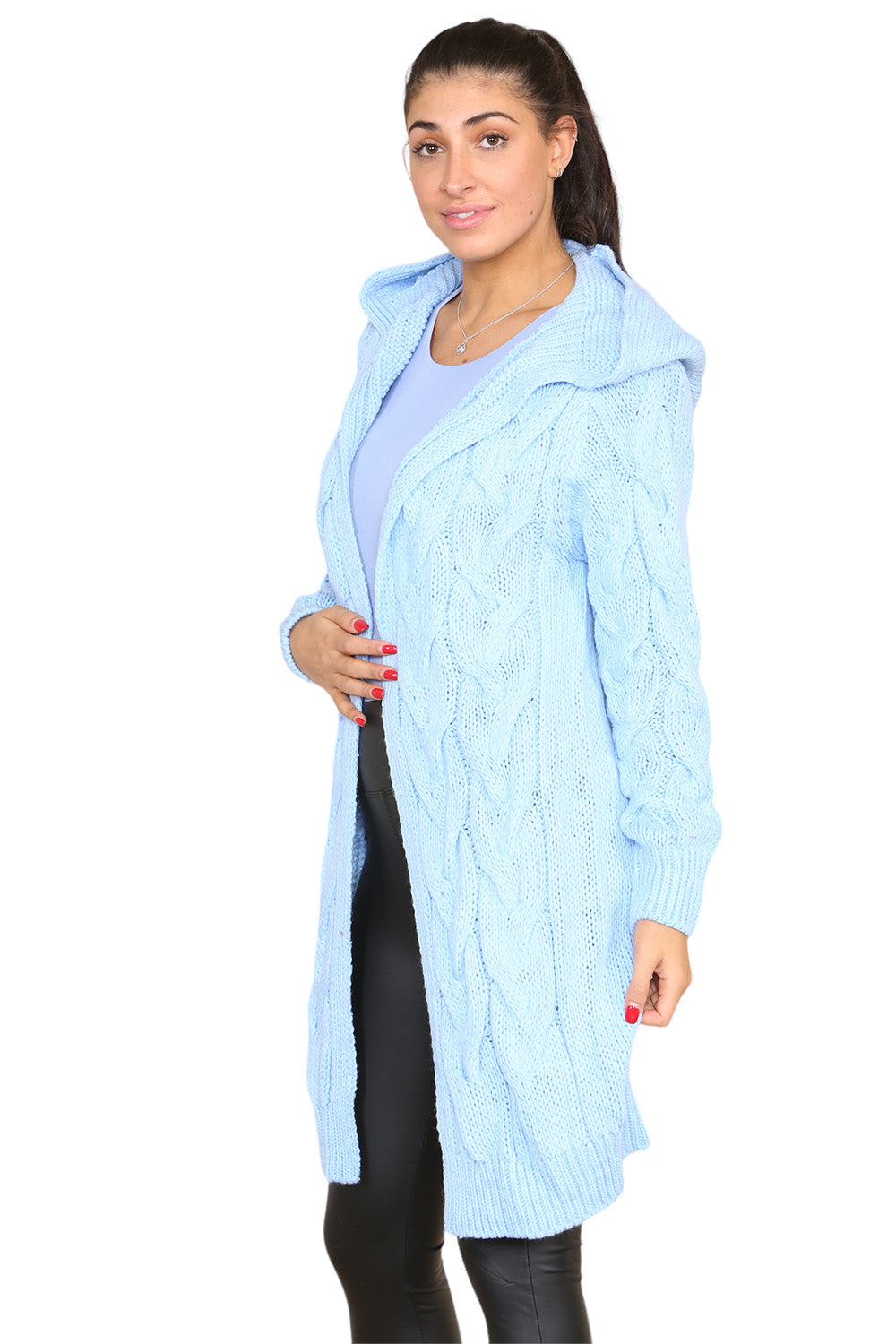 Black Knitted Cables Hooded Long Over Sized Cardigan For Women M/L - Dropwear