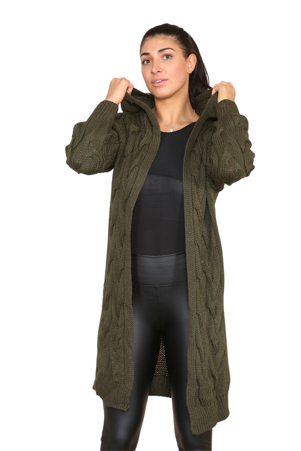 Dusty Pink Knitted Cables Hooded Long Over Sized Cardigan For Women S/M - Dropwear