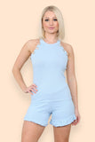 Navy Blue Peplum Sleeveless Suit Button Detail Frilled Shorts Co-Ord Set For Women 12-14 - Dropwear