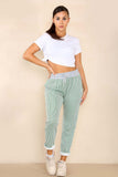 Green Plus Size Italian Thin Stripes Print Drawstring Cotton Joggers For Women 20 - Dropwear