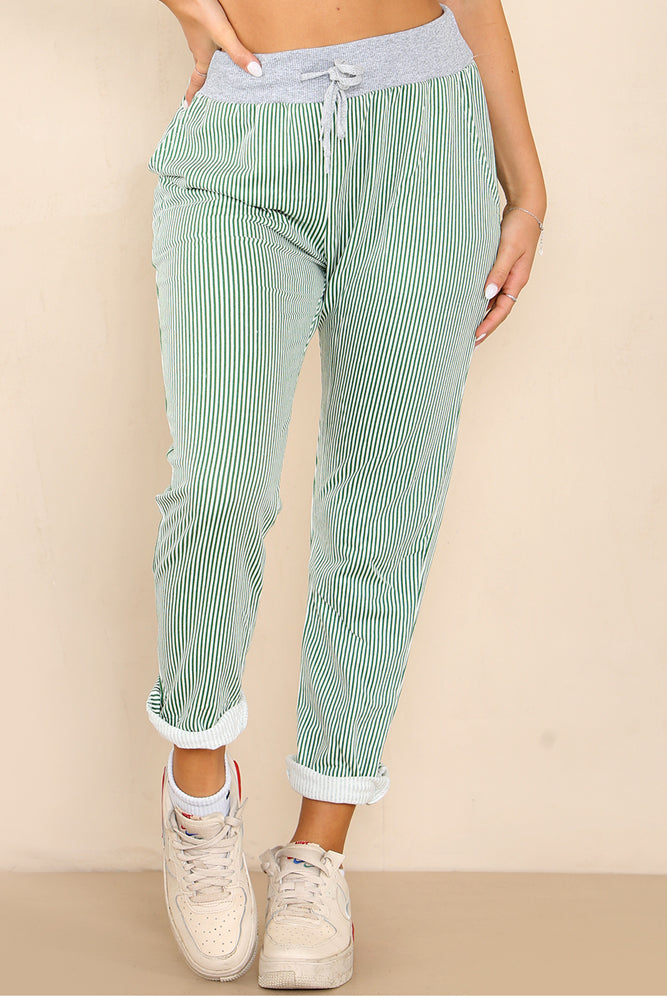 Plus Size Italian Thin Stripes Print Drawstring Cotton Joggers For Women  - Dropwear