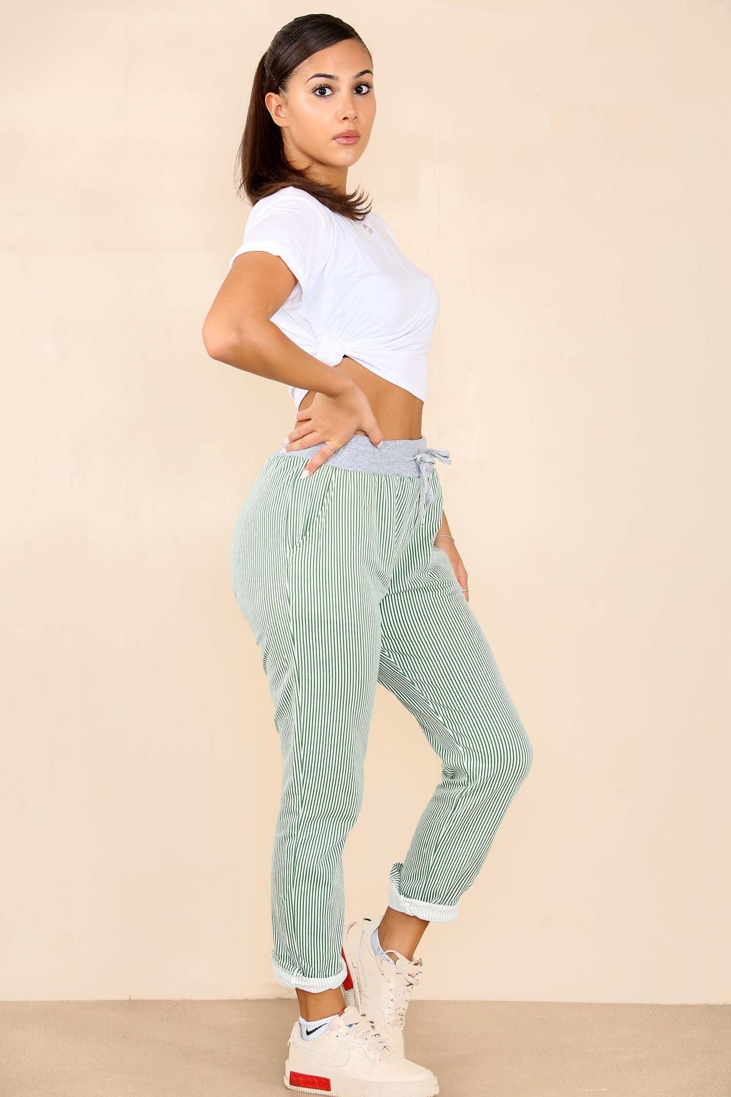 Green Plus Size Italian Thin Stripes Print Drawstring Cotton Joggers For Women 22 - Dropwear