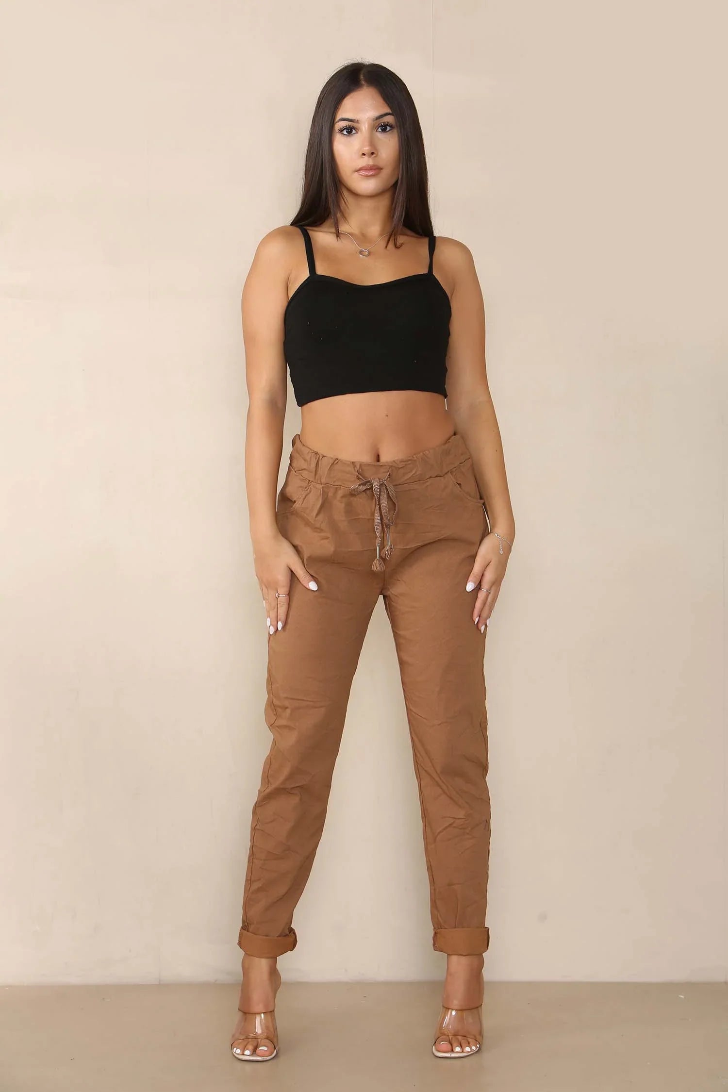 Dusky Pink Plus Size Italian Glitter Drawstring Waistband Magic Pants For Women 20 - Dropwear