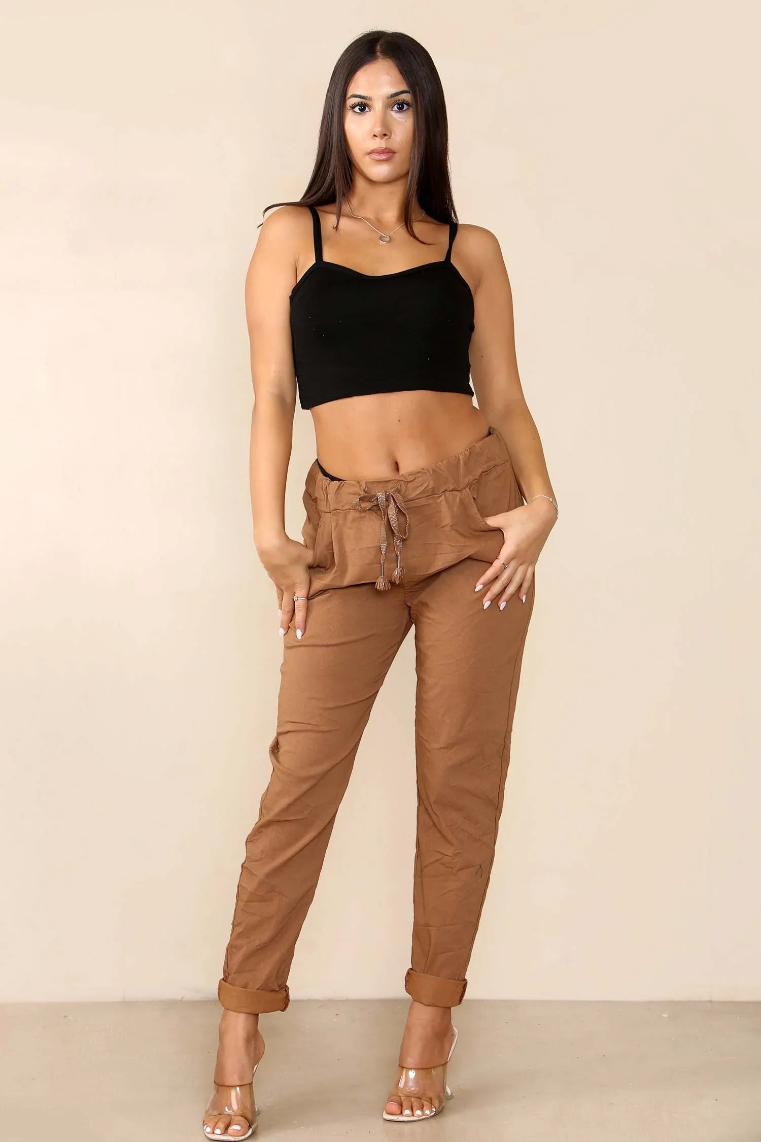 Fuchsia Plus Size Italian Glitter Drawstring Waistband Magic Pants For Women 18 - Dropwear
