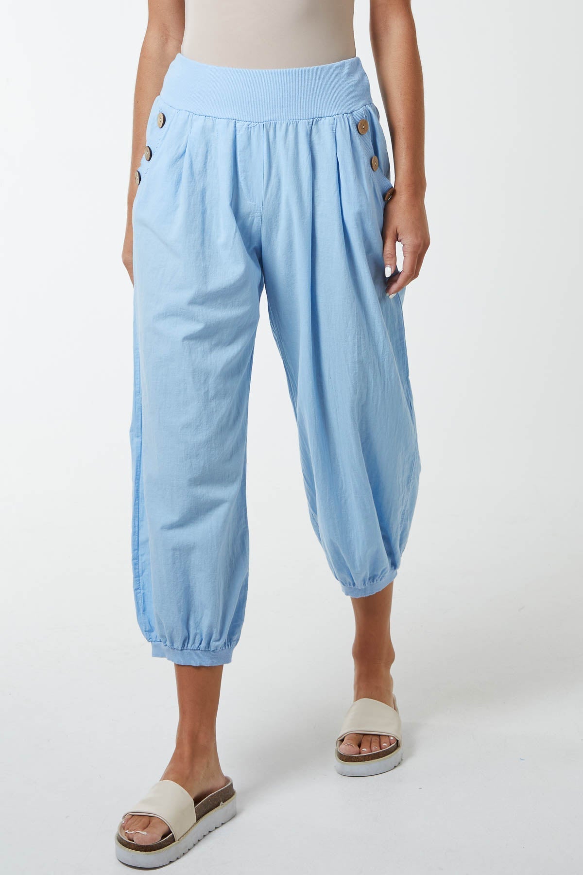 Stone Button Pocket Detail Harem Pants For Women ONE SIZE - Dropwear