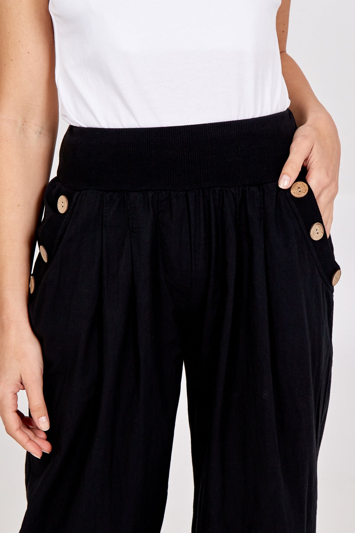 White Button Pocket Detail Harem Pants For Women ONE SIZE - Dropwear
