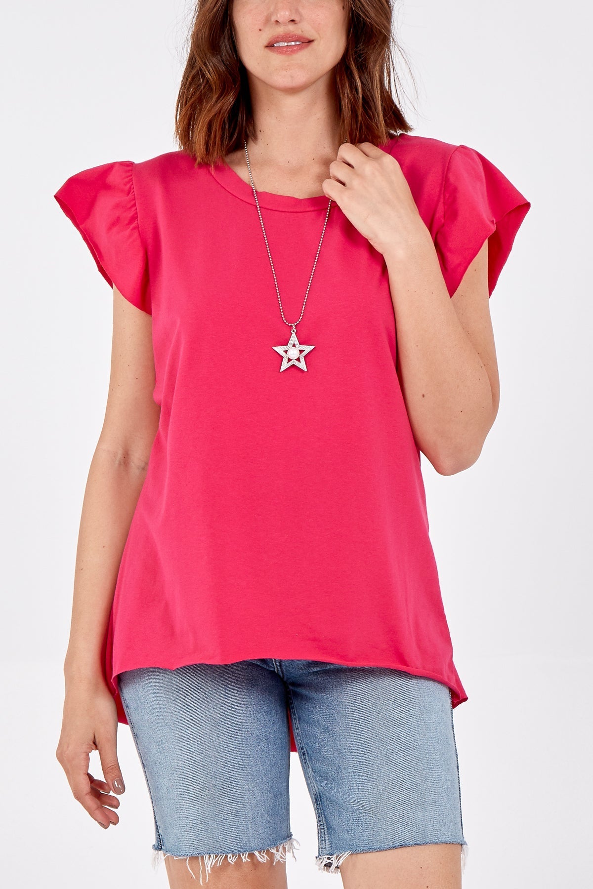 Scoop Neck Frill Sleeve Top With Necklace For Women  - Dropwear