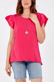 Scoop Neck Frill Sleeve Top With Necklace For Women  - Dropwear