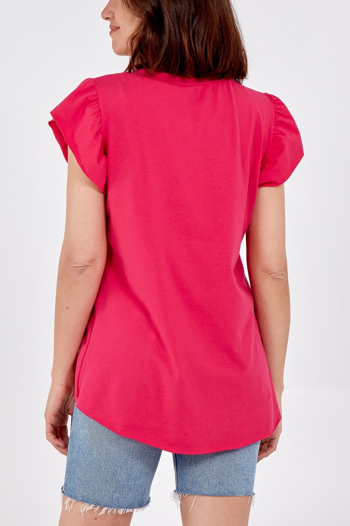 Scoop Neck Frill Sleeve Top With Necklace For Women  - Dropwear