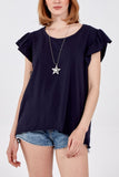 Scoop Neck Frill Sleeve Top With Necklace For Women  - Dropwear