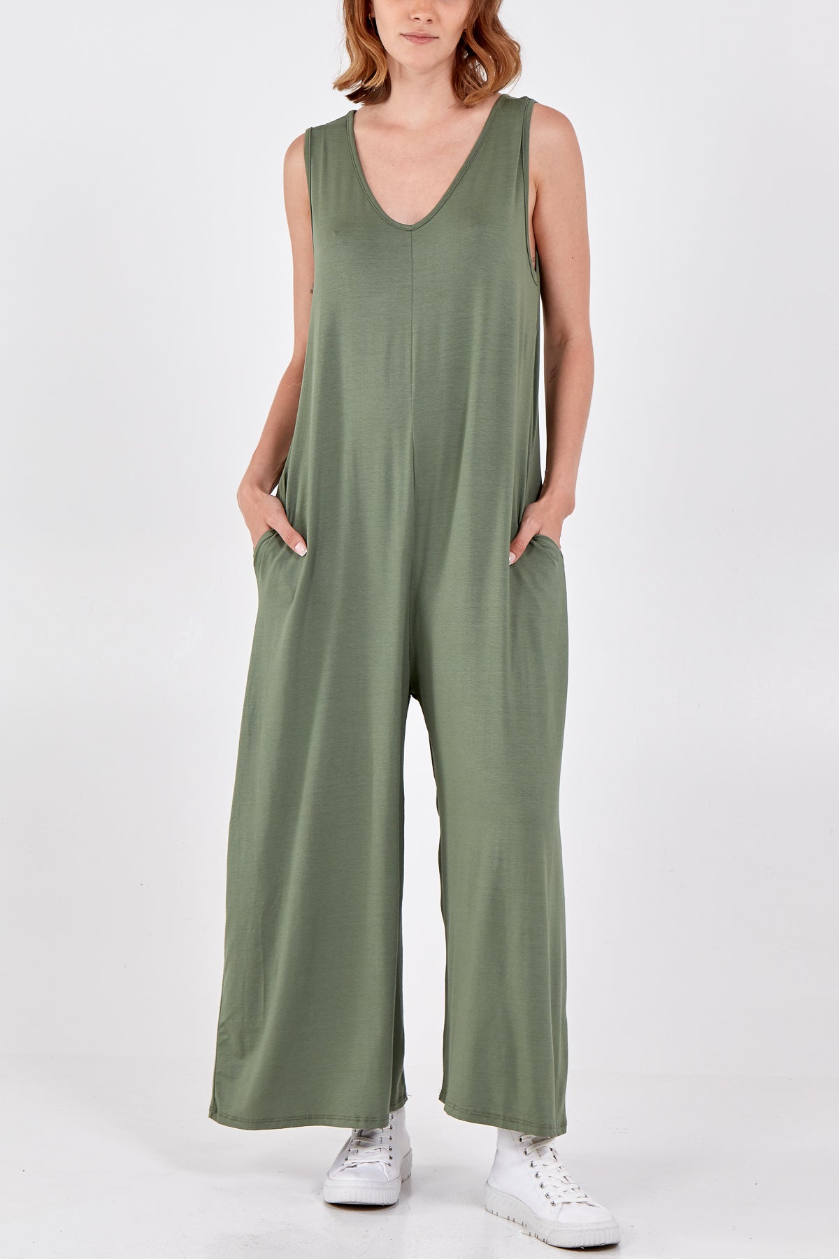 Light Blue Sleeveless Plain V-Neck Jumpsuit For Women ONE SIZE - Dropwear