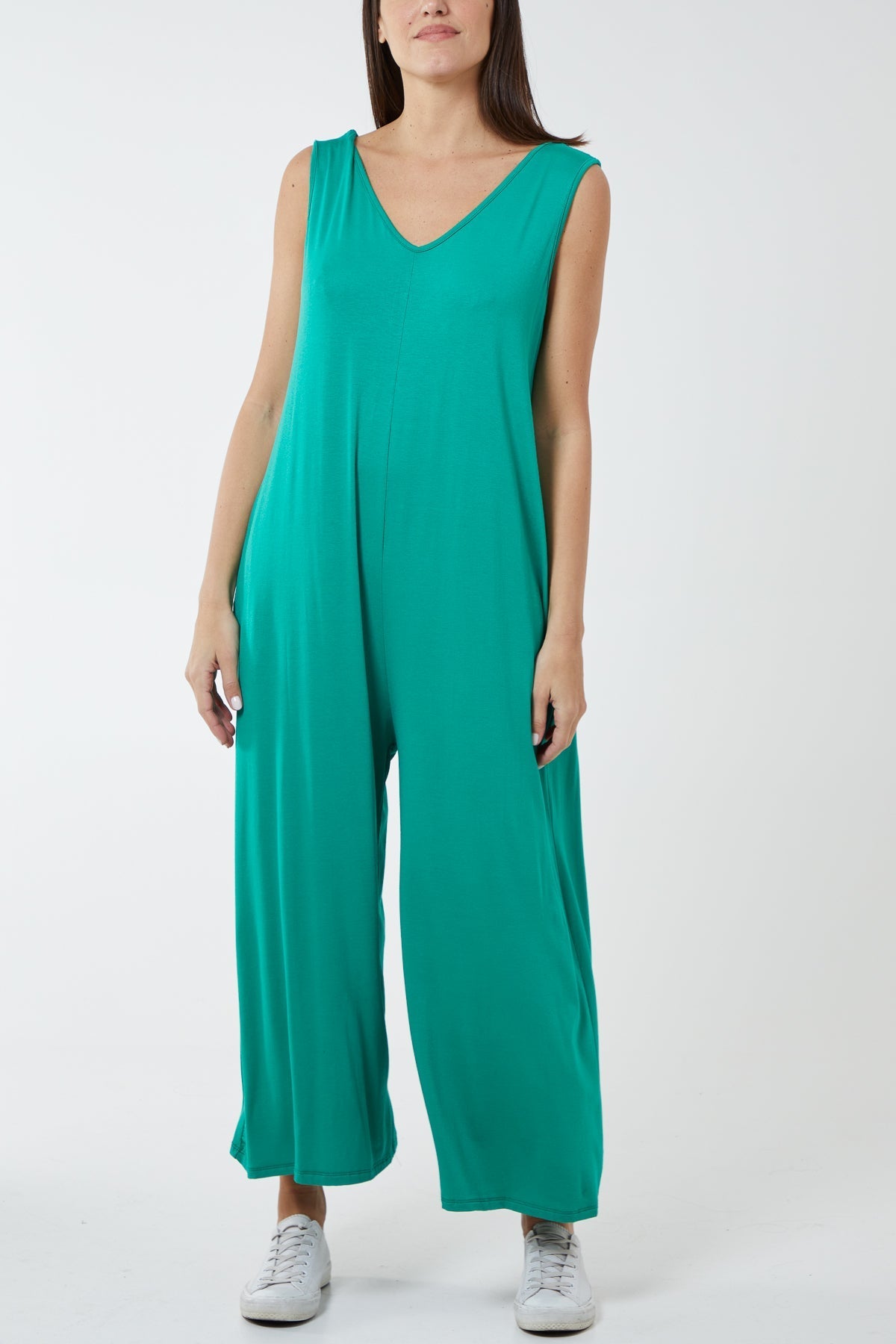 Sleeveless Plain V-Neck Jumpsuit For Women  - Dropwear