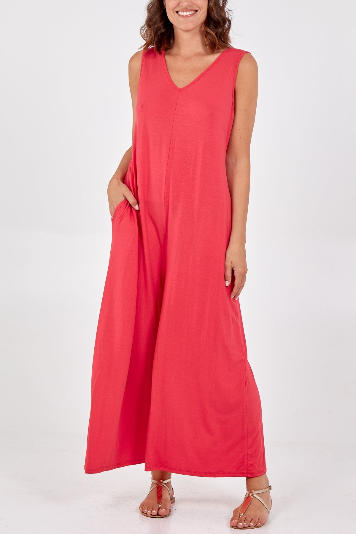 Sleeveless Plain V-Neck Jumpsuit For Women  - Dropwear