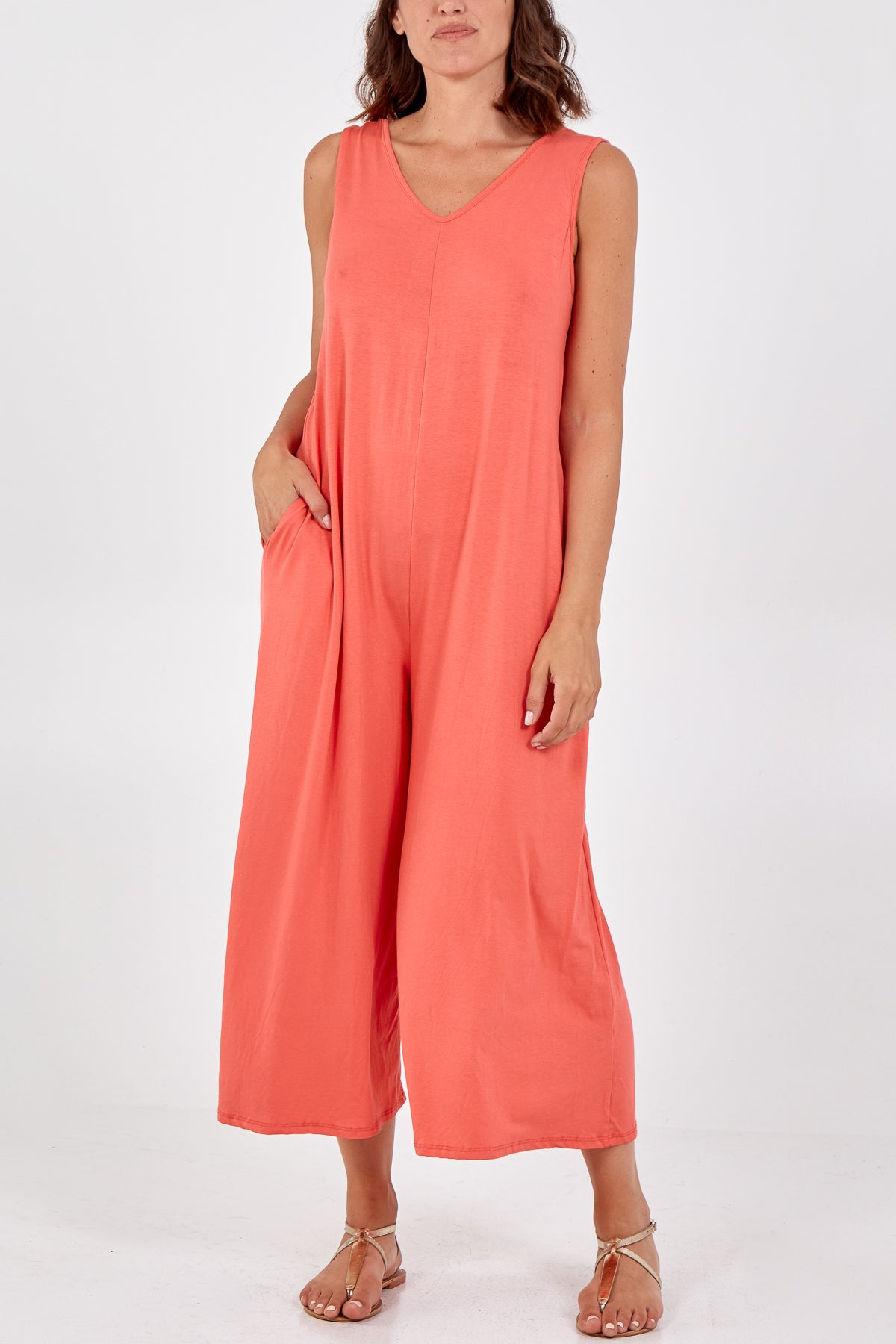 Sleeveless Plain V-Neck Jumpsuit For Women  - Dropwear