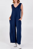 Black Sleeveless Plain V-Neck Jumpsuit For Women ONE SIZE - Dropwear