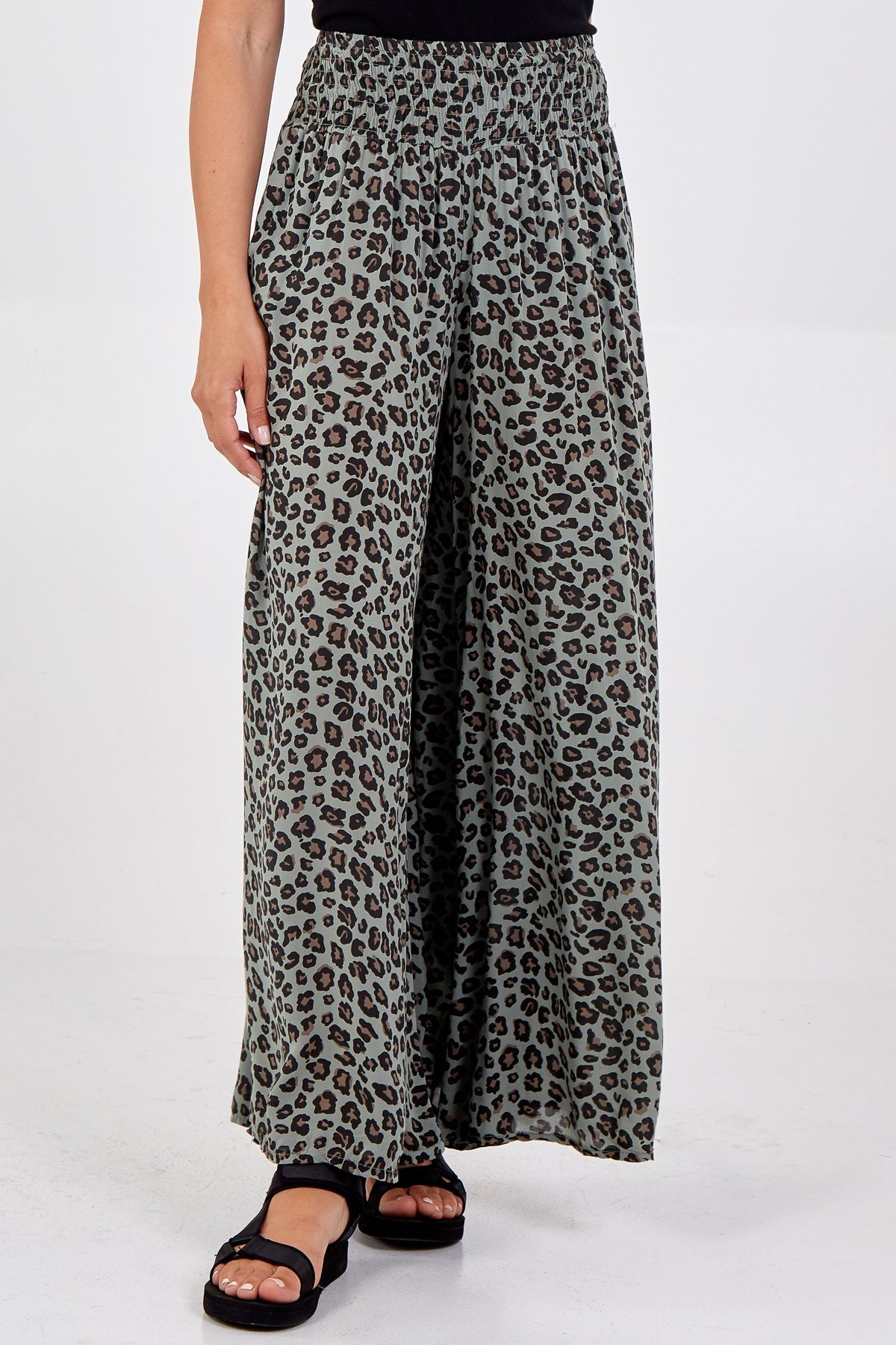 Royal Blue Leopard Print Ruched Waist Wide Leg Trousers For Women ONE SIZE - Dropwear