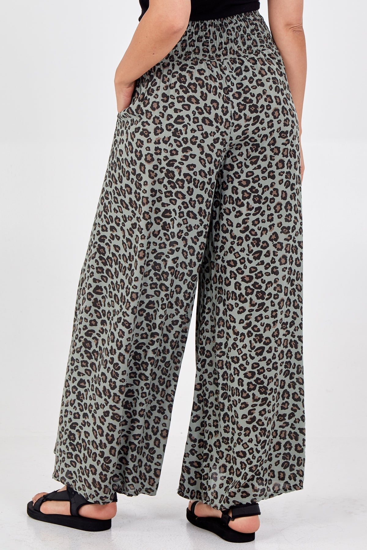 Coral Leopard Print Ruched Waist Wide Leg Trousers For Women ONE SIZE - Dropwear