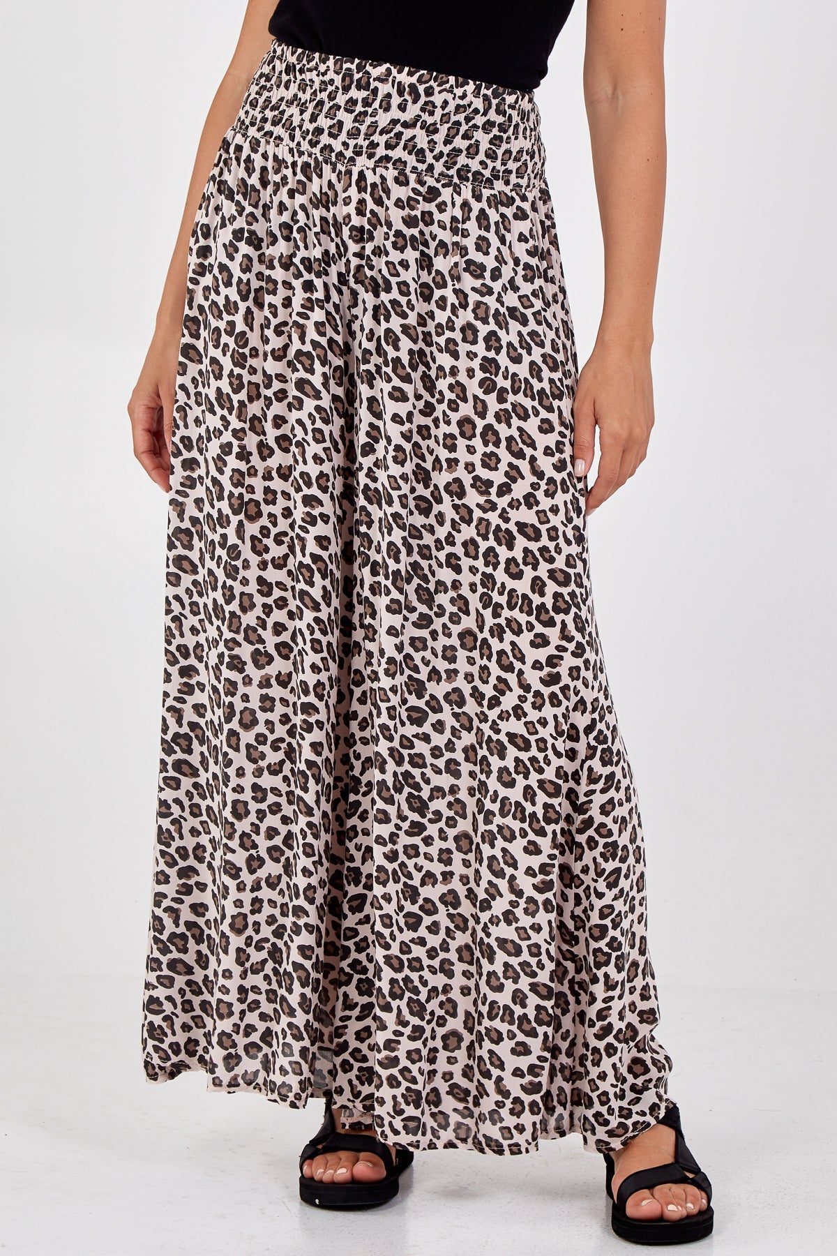 Leopard Print Ruched Waist Wide Leg Trousers For Women  - Dropwear