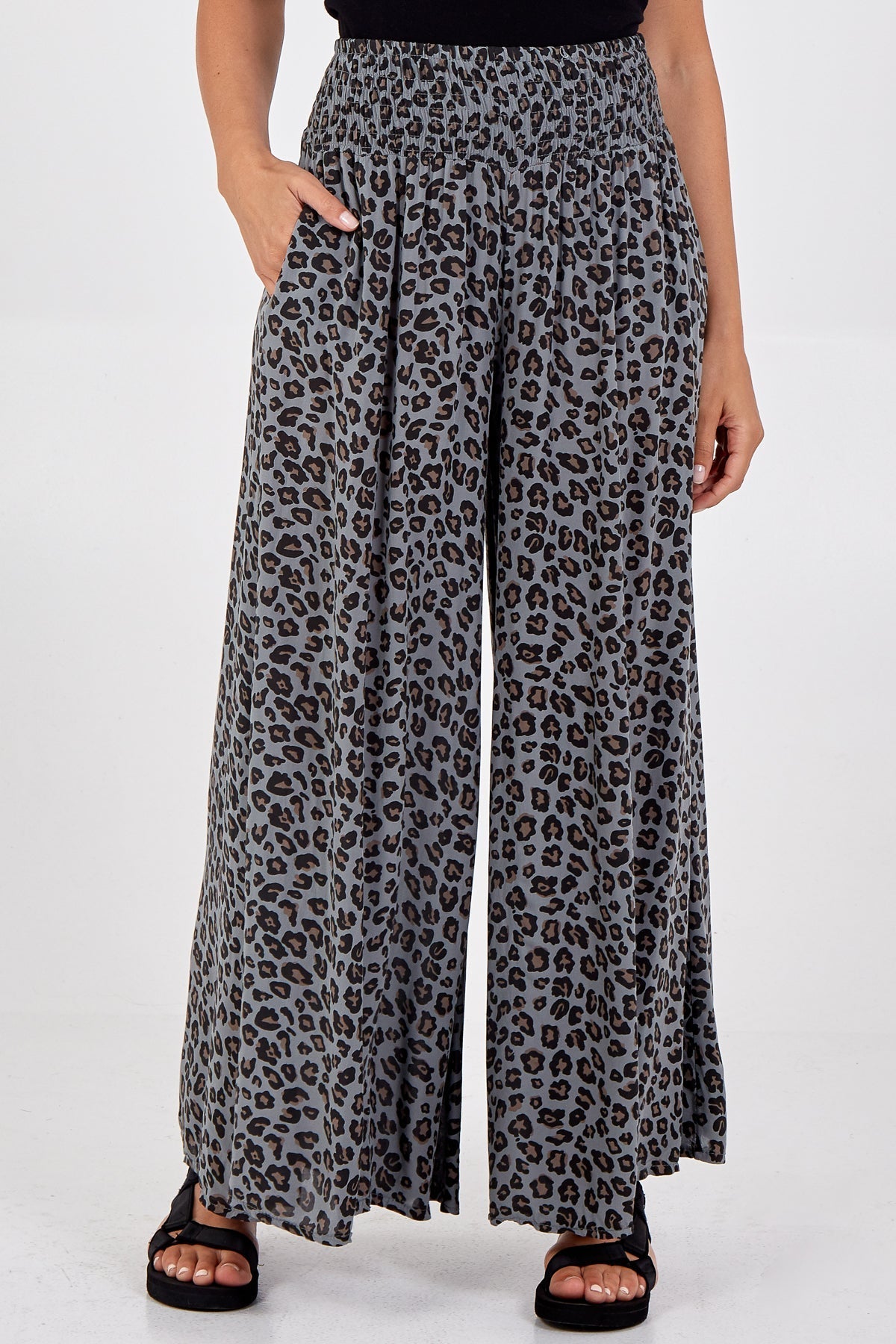 Leopard Print Ruched Waist Wide Leg Trousers For Women  - Dropwear