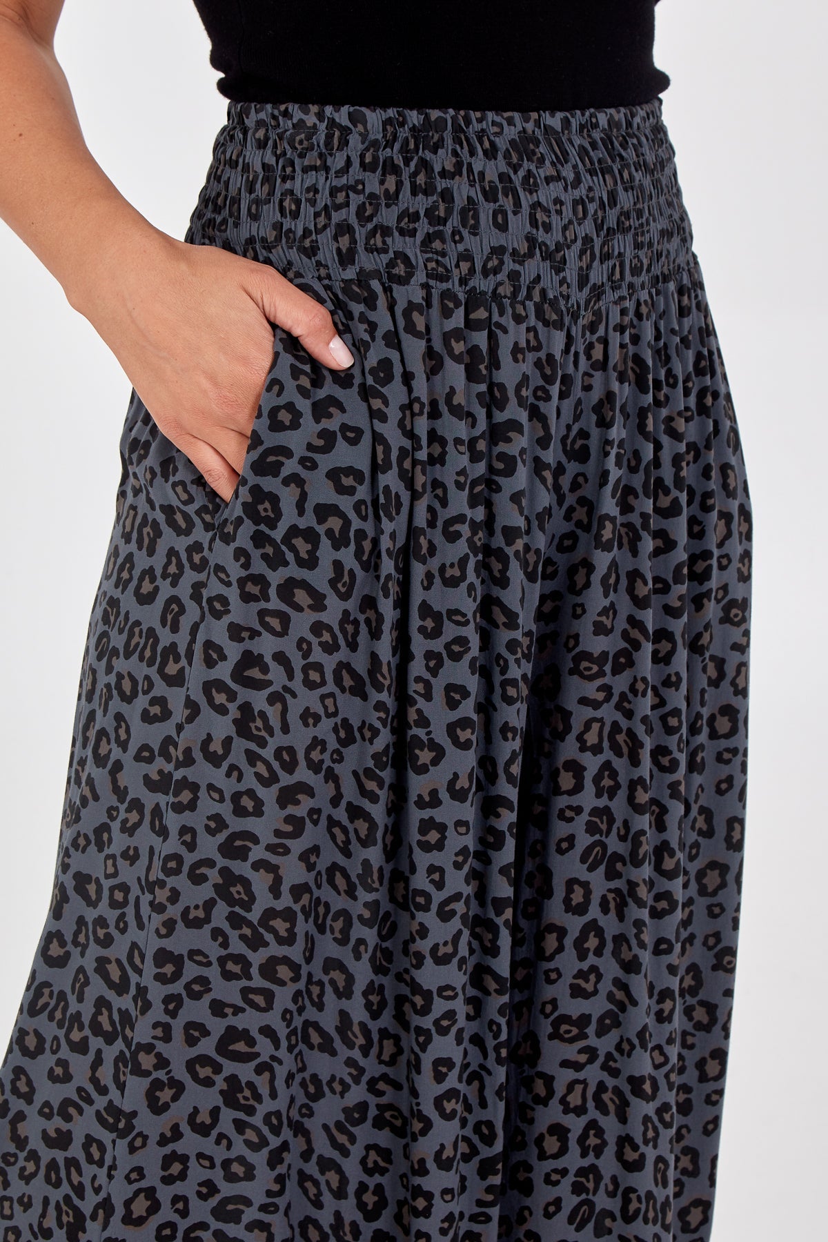 Jade Leopard Print Ruched Waist Wide Leg Trousers For Women ONE SIZE - Dropwear