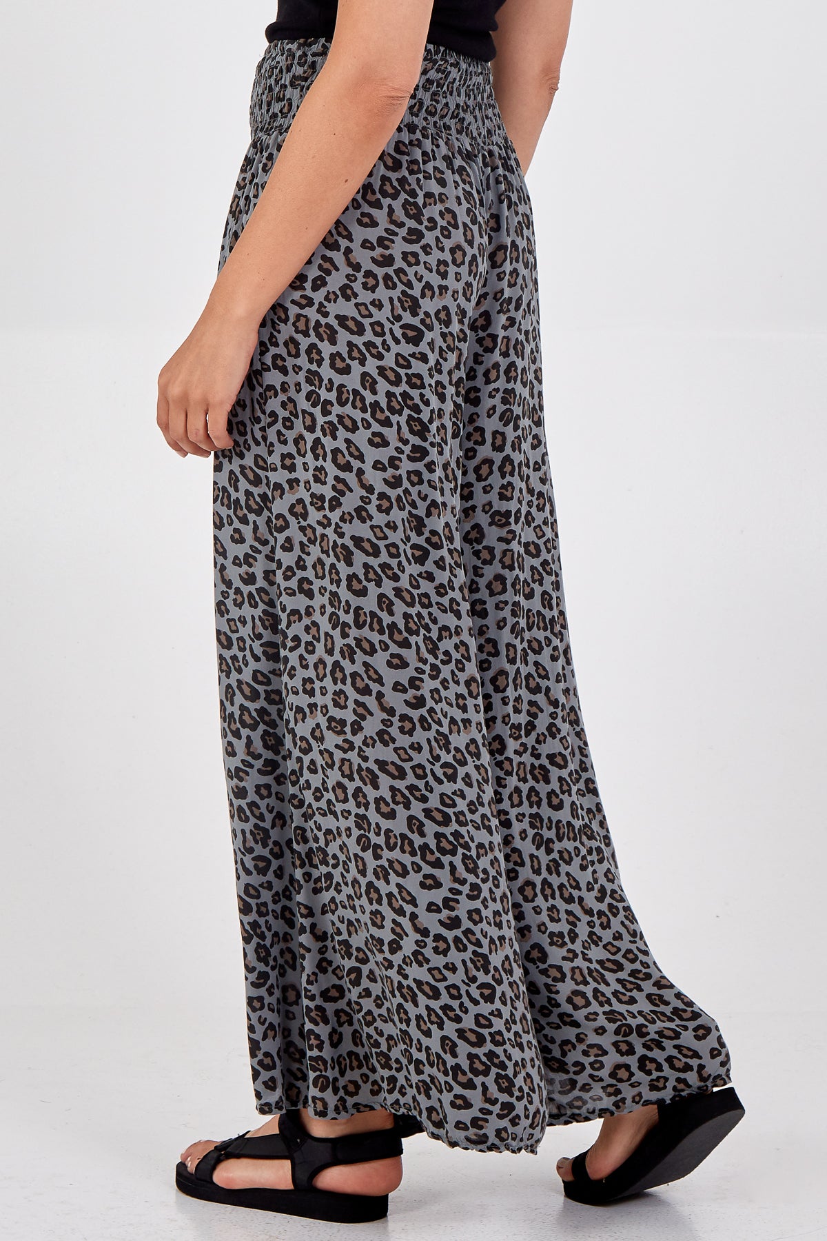 Leopard Print Ruched Waist Wide Leg Trousers For Women  - Dropwear