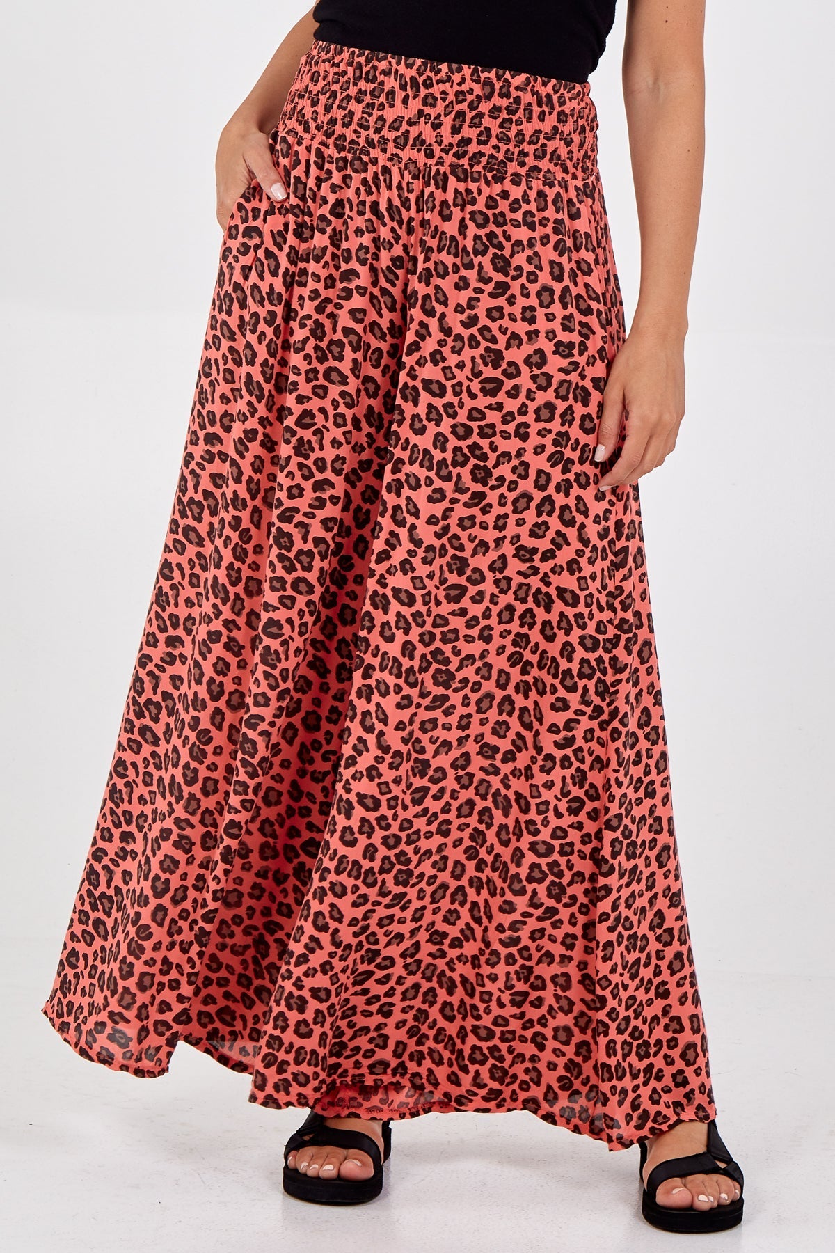 Leopard Print Ruched Waist Wide Leg Trousers For Women  - Dropwear