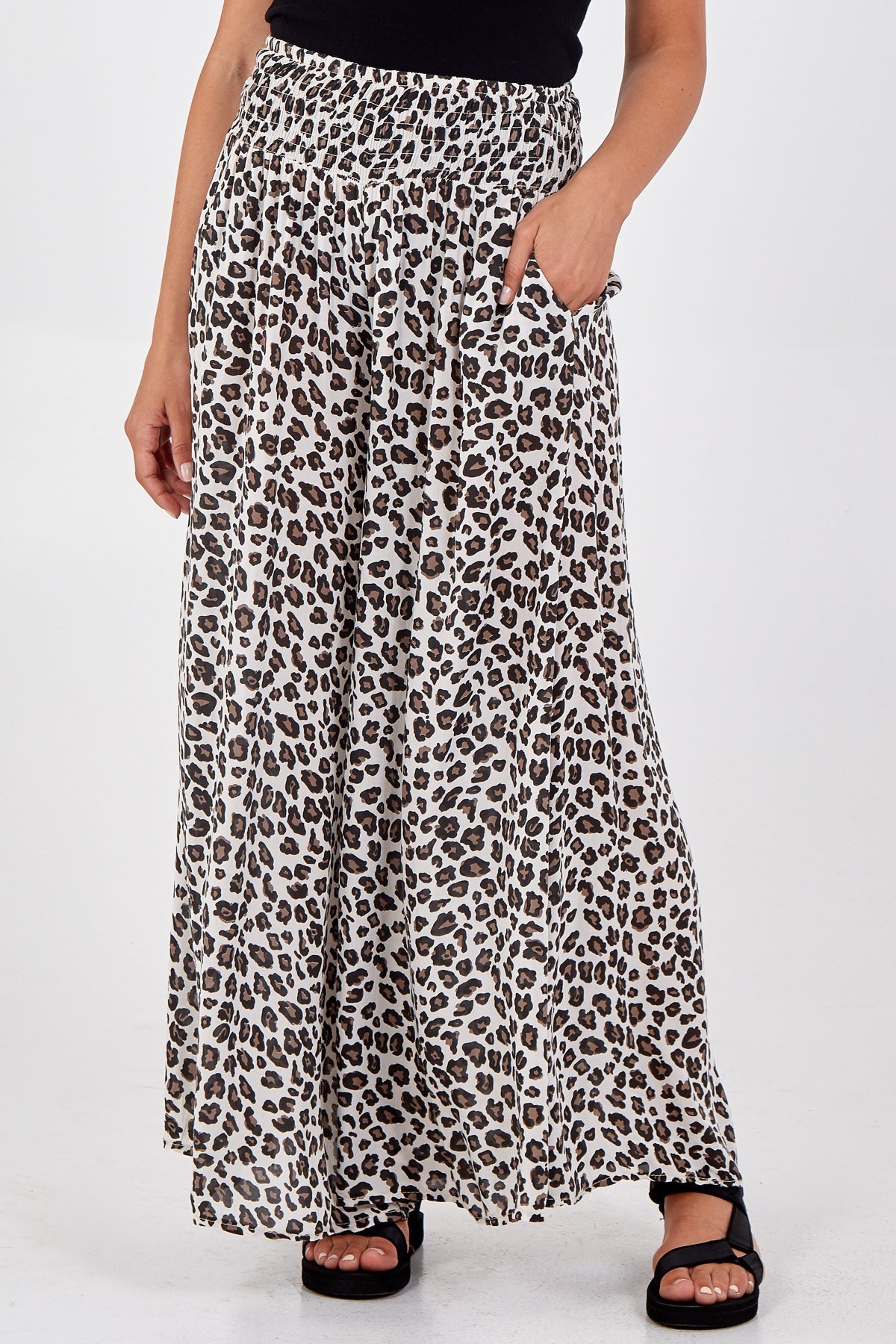 Beige Leopard Print Ruched Waist Wide Leg Trousers For Women ONE SIZE - Dropwear