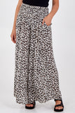 Beige Leopard Print Ruched Waist Wide Leg Trousers For Women ONE SIZE - Dropwear