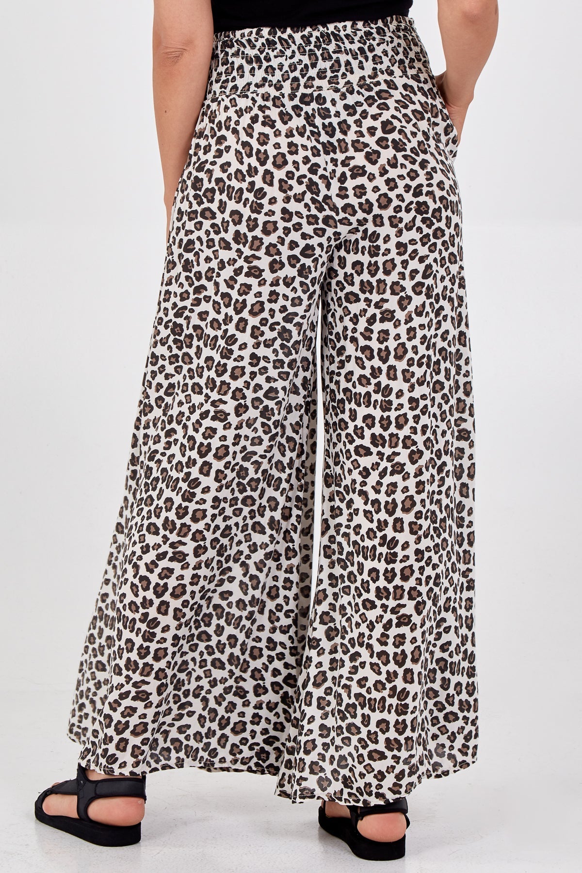 Khaki Leopard Print Ruched Waist Wide Leg Trousers For Women ONE SIZE - Dropwear