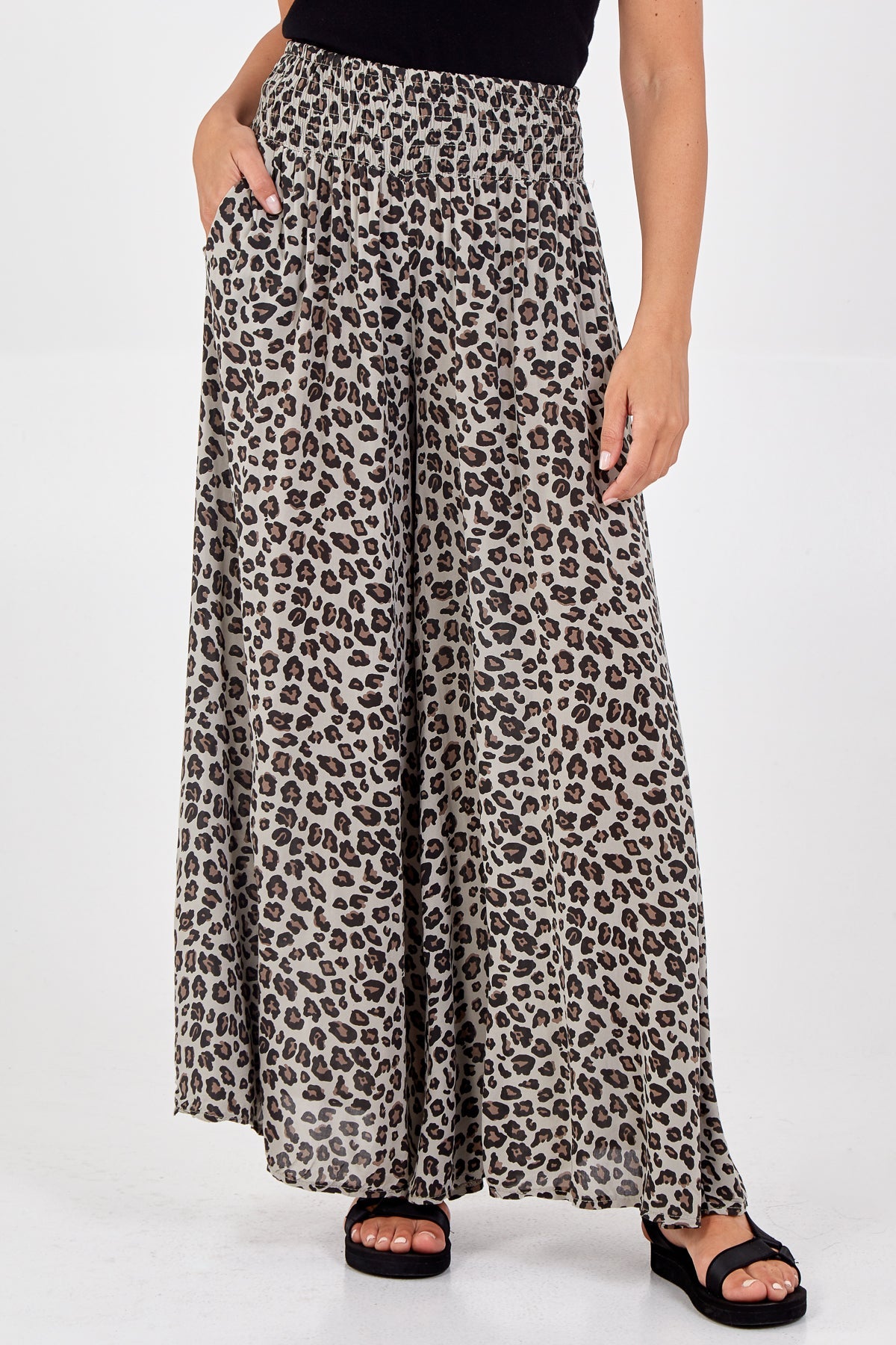 Apple Green Leopard Print Ruched Waist Wide Leg Trousers For Women ONE SIZE - Dropwear