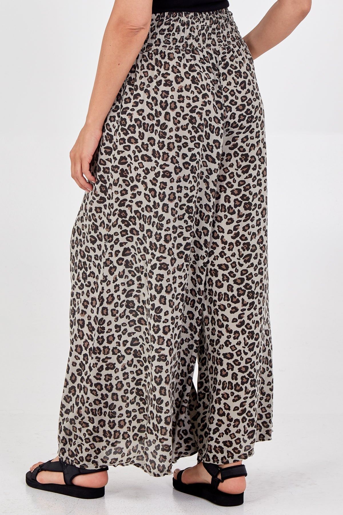Blush Leopard Print Ruched Waist Wide Leg Trousers For Women ONE SIZE - Dropwear