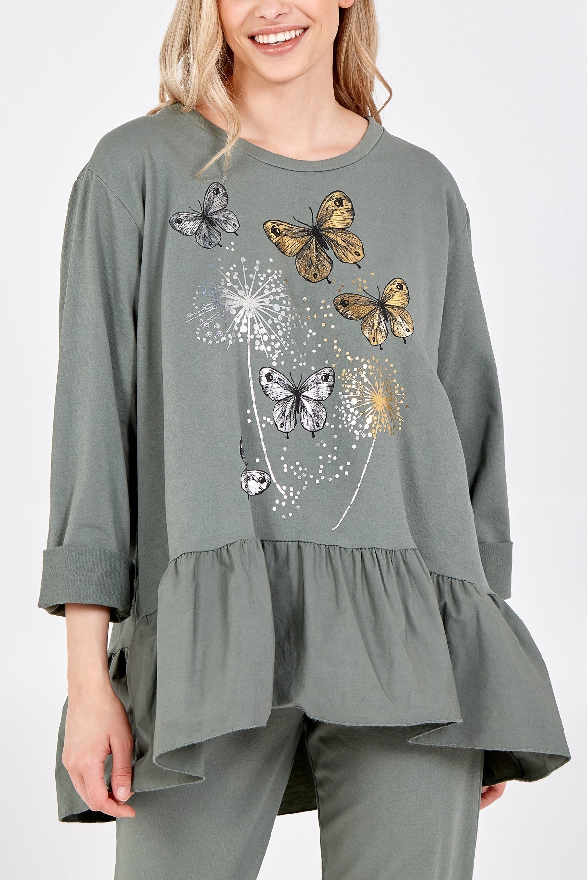 Pink Butterfly Frill Hem Sweatshirt For Women ONE SIZE - Dropwear
