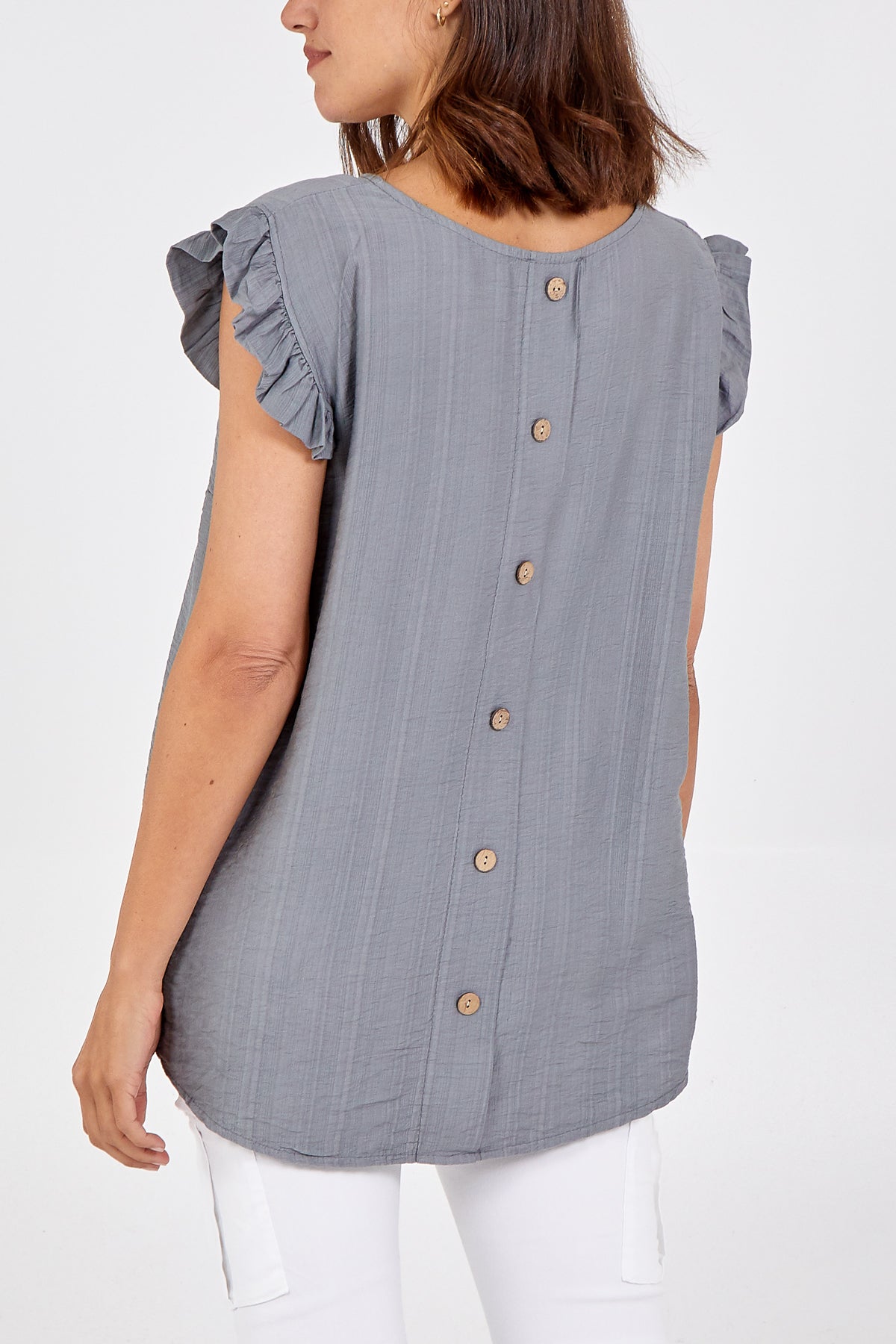 Linen Look Top Back Button For Women  - Dropwear