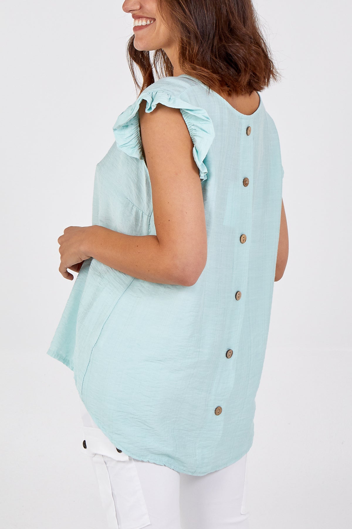 Linen Look Top Back Button For Women  - Dropwear