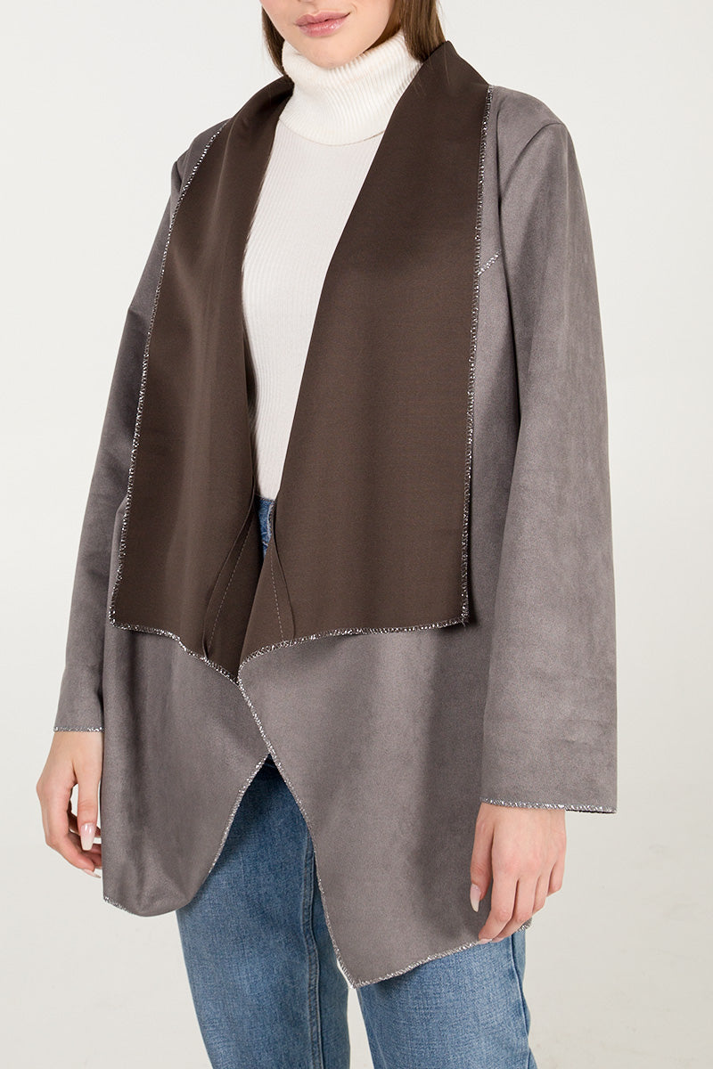 Grey Suede Waterfall Jacket For Women ONE SIZE - Dropwear